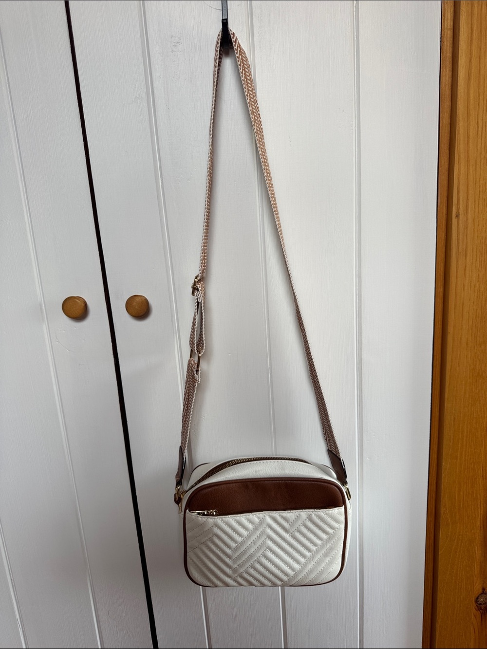 White and Brown Quilted Crossbody Bag - Unbranded